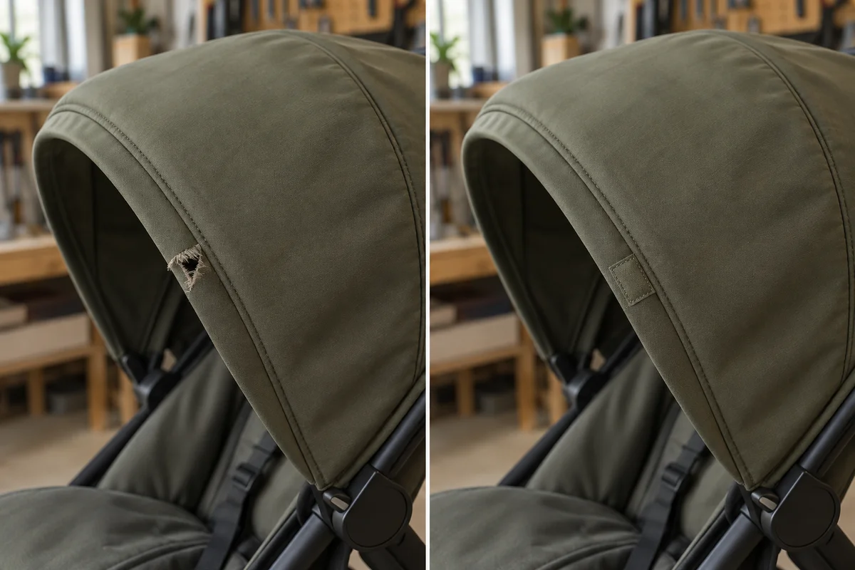 Generated before and after illustration: Canopy fabric repair