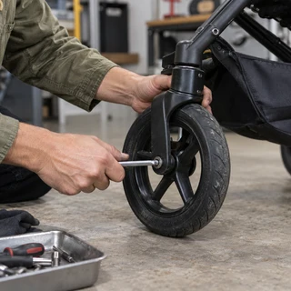 A technician repairing a stroller wheel