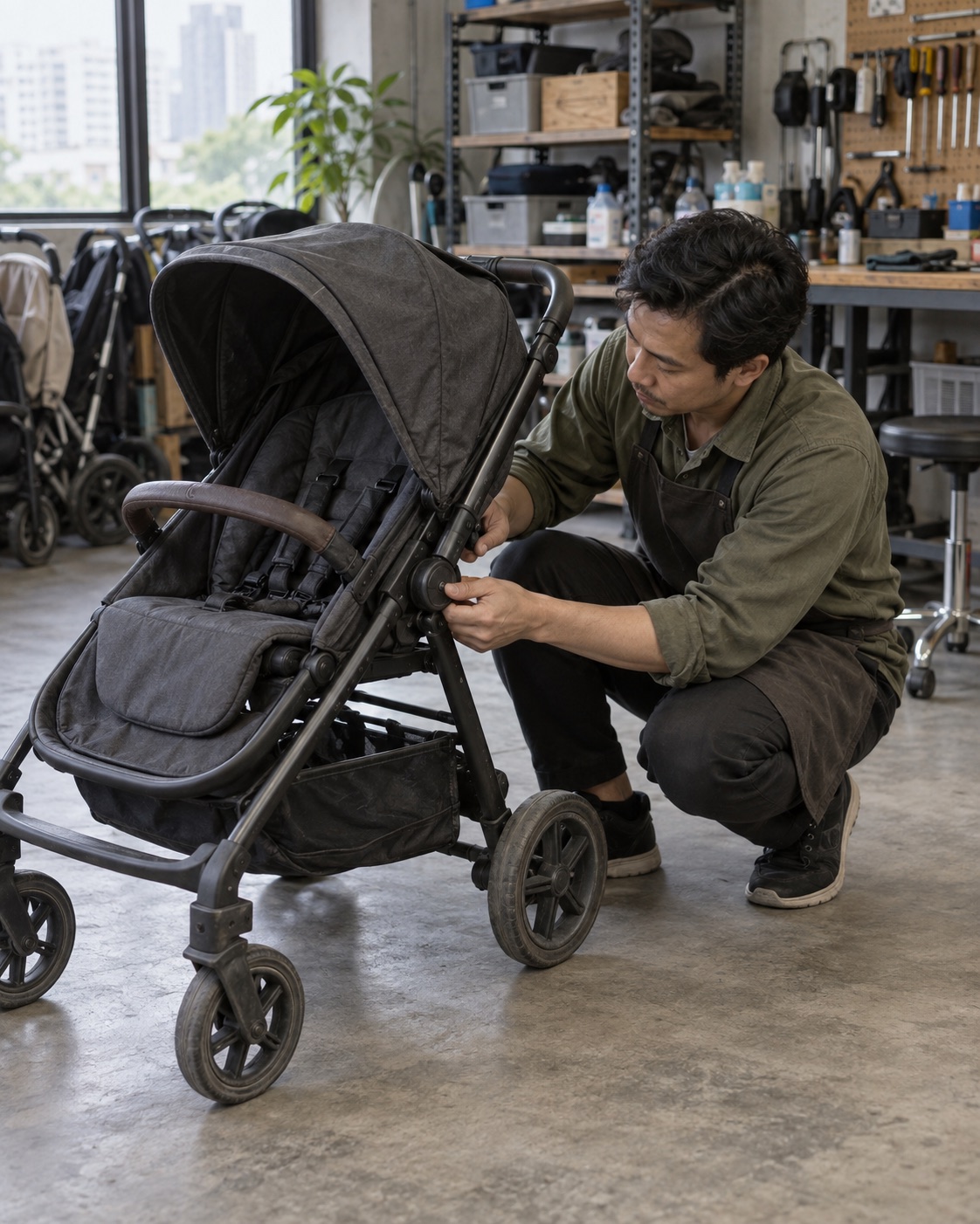 Illustration of a technician assessing a used stroller’s folding joint