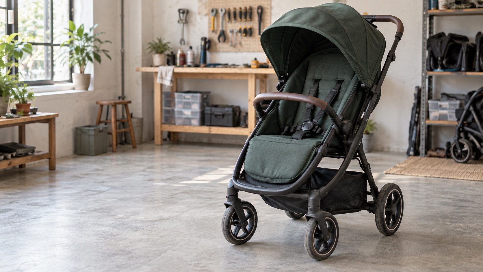 Illustrative refurbished stroller ready for sale in the workshop