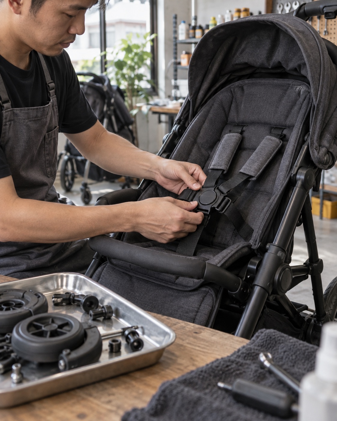 Illustration of a technician checking a cleaned stroller seat and harness