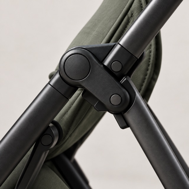 Illustrative close-up of a stroller frame and folding hinge