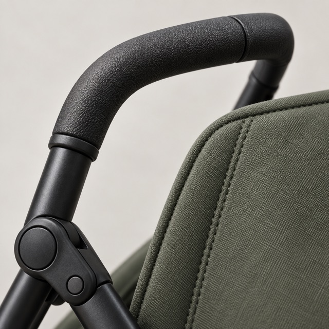 Illustrative close-up of a stroller handle grip and olive seat fabric