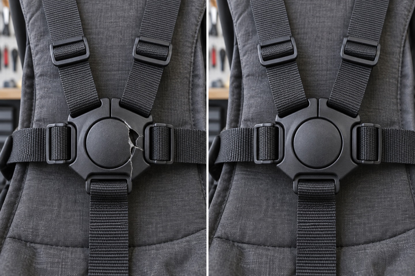 Generated before and after illustration: Harness buckle replacement