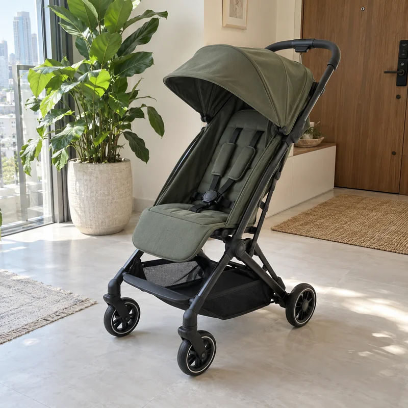 Illustrative olive stroller in a bright apartment entryway