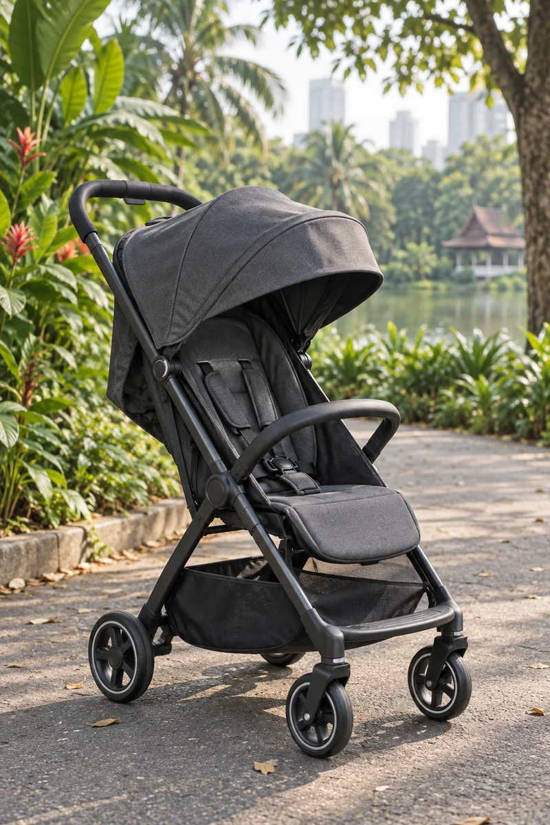 Illustrative compact stroller on a leafy park path