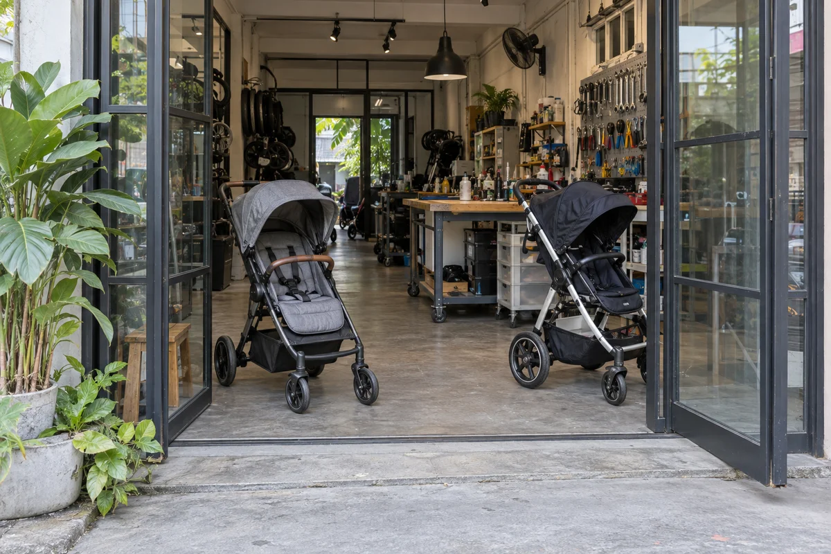 Generated illustration of an open Bangkok stroller repair workshop with strollers by the entrance