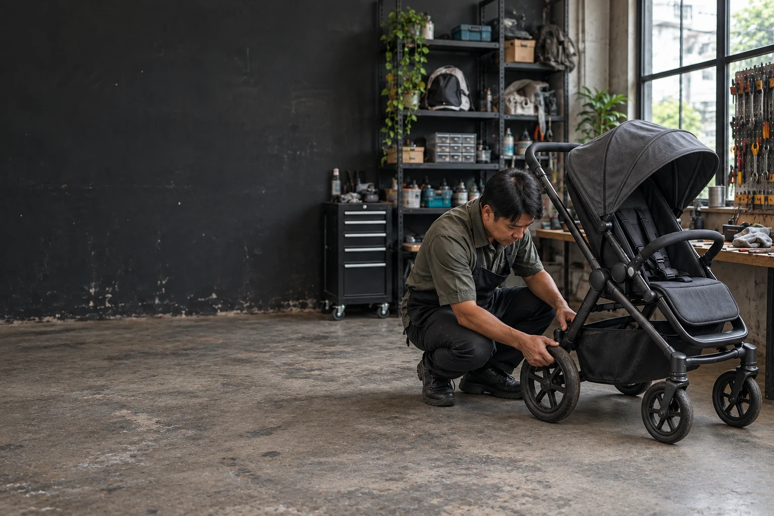 Concept image of a technician inspecting a stroller in a clean workshop